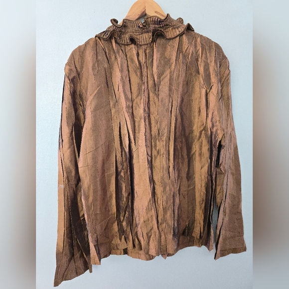Color Works Womens Top XL Brown Satin Accordion Pleat Ruffled Crinkle Blouse - Picture 5 of 8